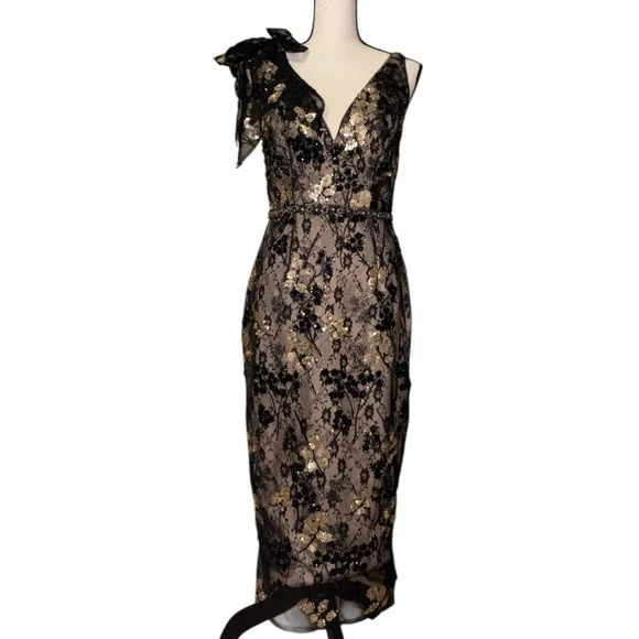 Mac Duggal Black Floral Sequin Embellished V-neck Midi Dress w/ Shoulder  Bow - 4